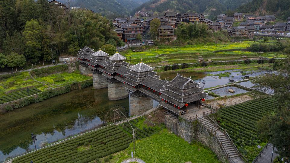 柳州市程阳八寨景区风雨桥航拍实景