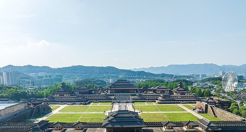 金华市横店影视城景区秦王宫航拍实景