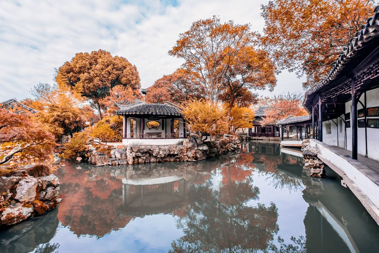 苏州市苏州园林(拙政园-留园-虎丘)拙政园水景实景