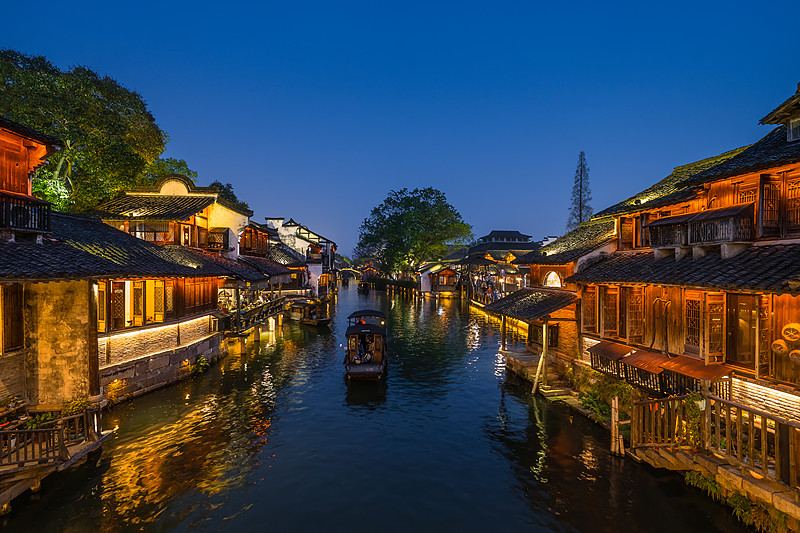 嘉兴市乌镇古镇旅游区西栅夜景实景